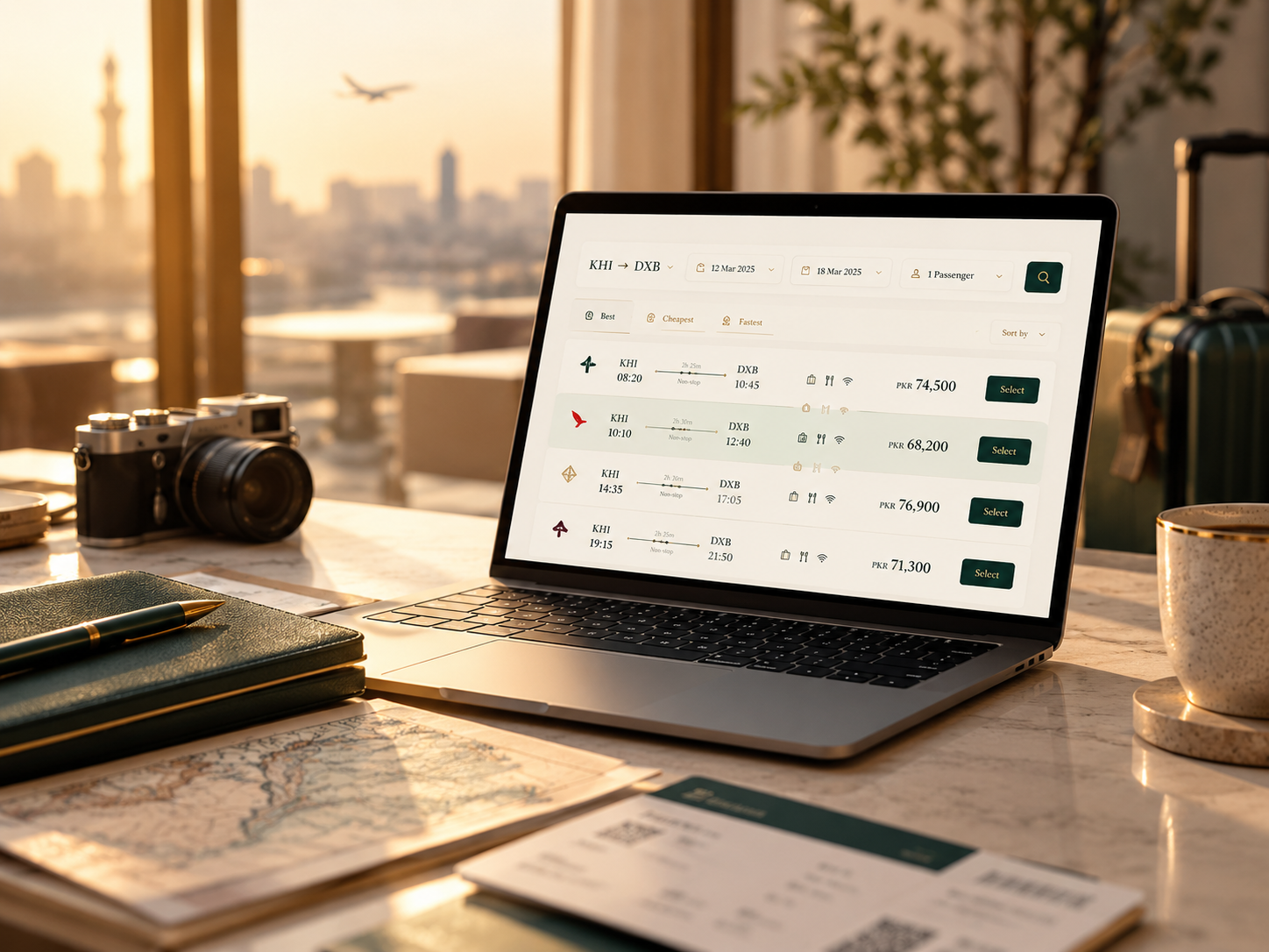 Reviewing flight options on a laptop